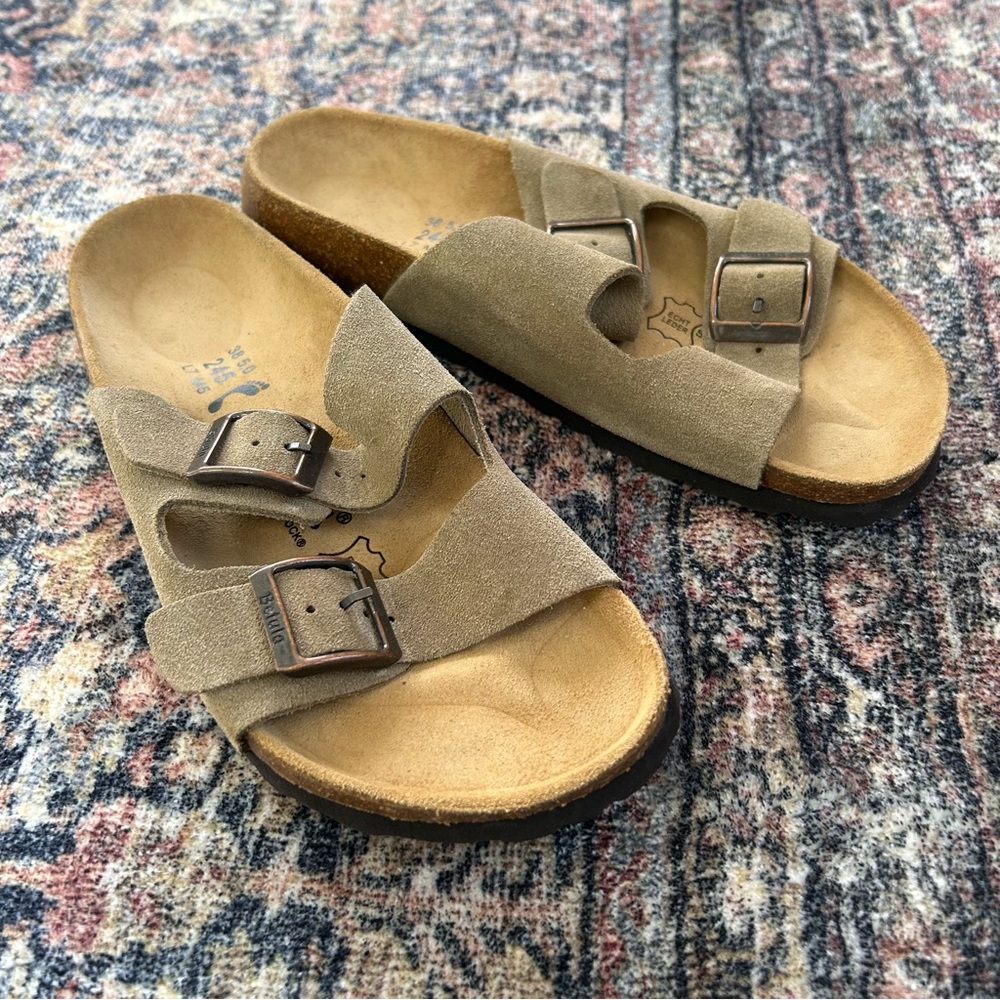 Birkenstock Betula Arizona Double Strap Taupe Tan Suede Sandals Size 7 / 38 EU - Picture 10 of 12